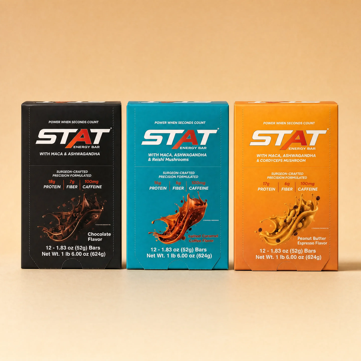 STAT Variety 3-Pack: Chocolate, Salted Caramel Coffee and Peanut Butter Espresso 12-count boxes