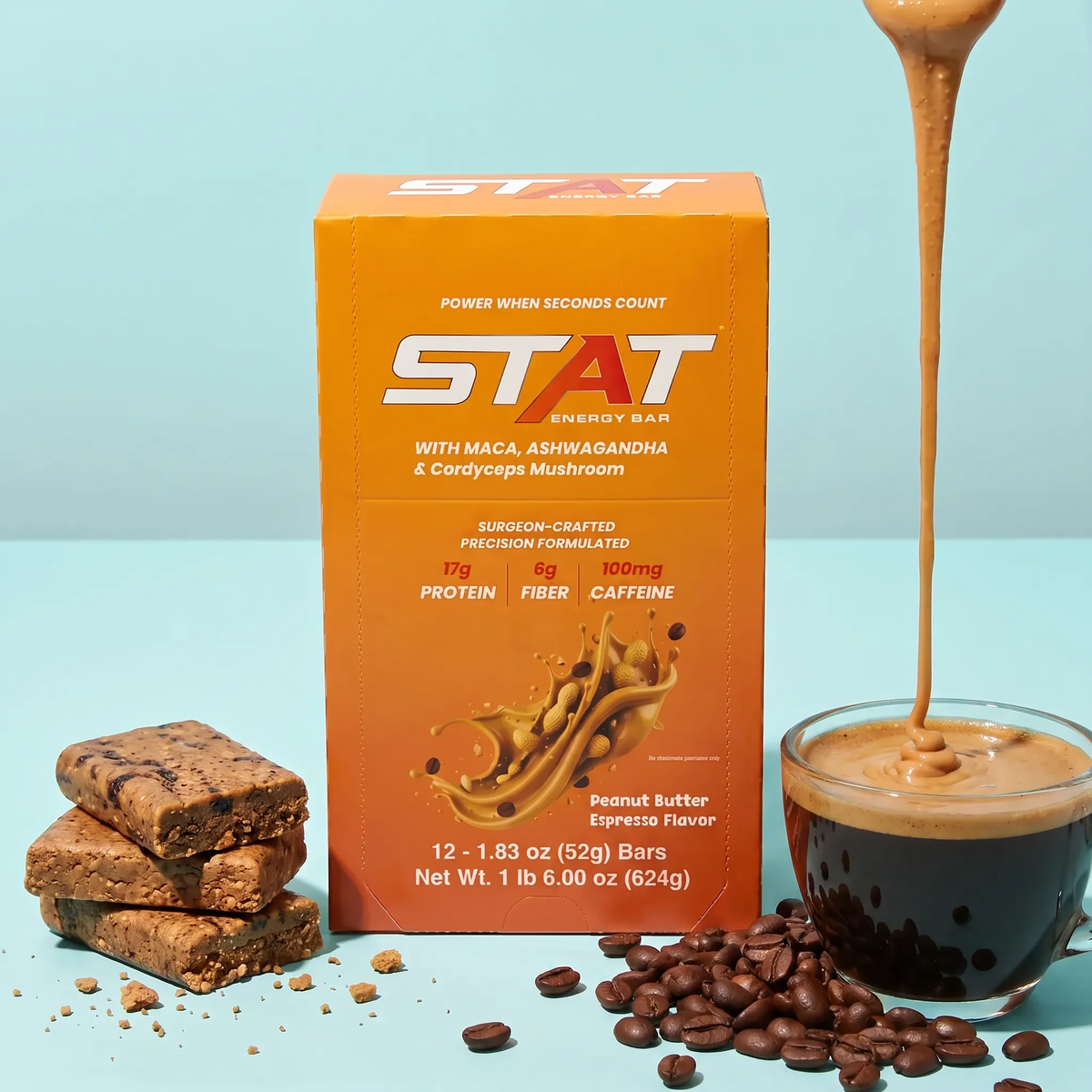 STAT Peanut Butter Espresso 12-count box with bar pieces, coffee beans and a cup of espresso