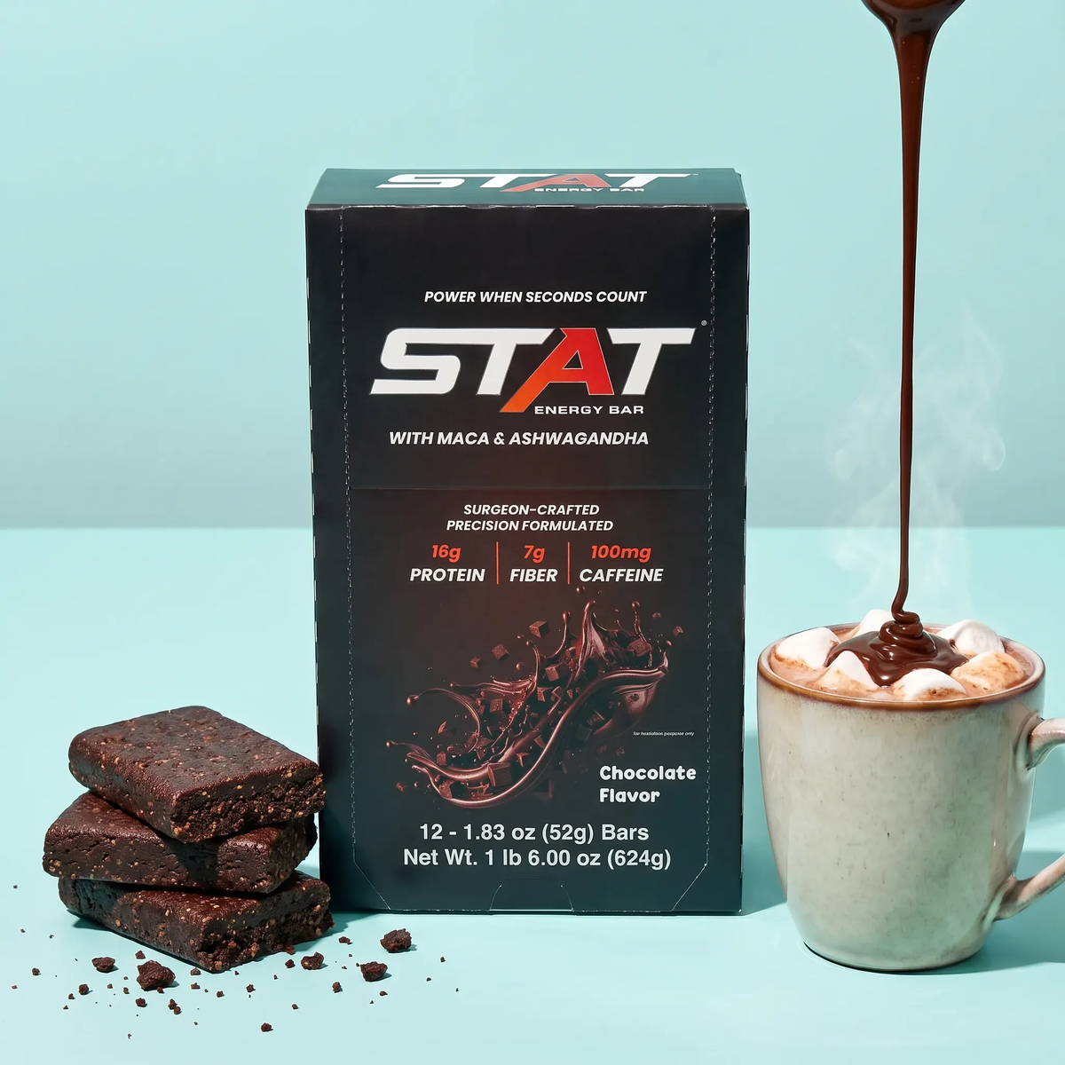 STAT Chocolate 12-count box with bar pieces and a mug of hot chocolate