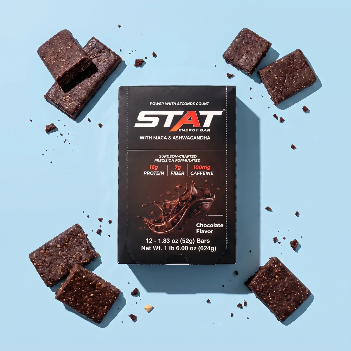 STAT Chocolate 12-count box with chocolate bar pieces on a light blue background