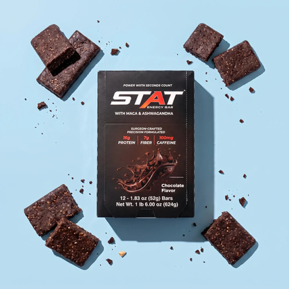STAT Chocolate 12-count box with chocolate bar pieces on a light blue background