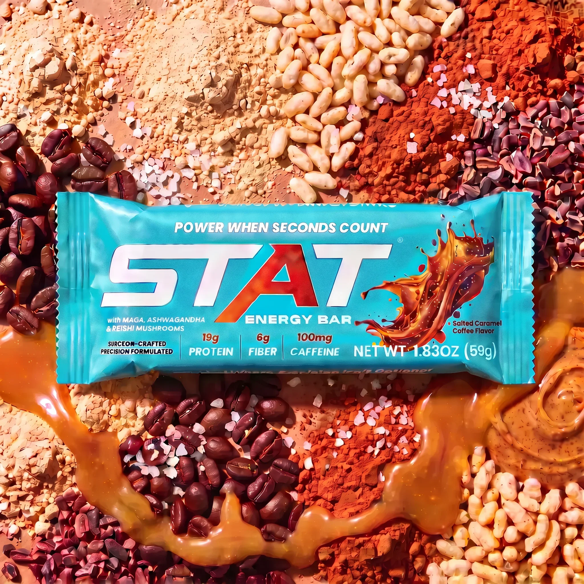Wrapped STAT Salted Caramel Coffee bar on a spread of beans, grains and caramel