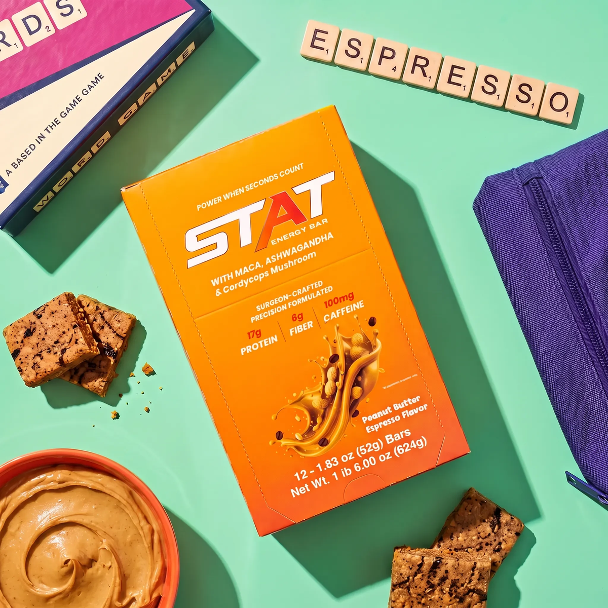 STAT Peanut Butter Espresso 12-count box with peanut butter and bar pieces on a green background