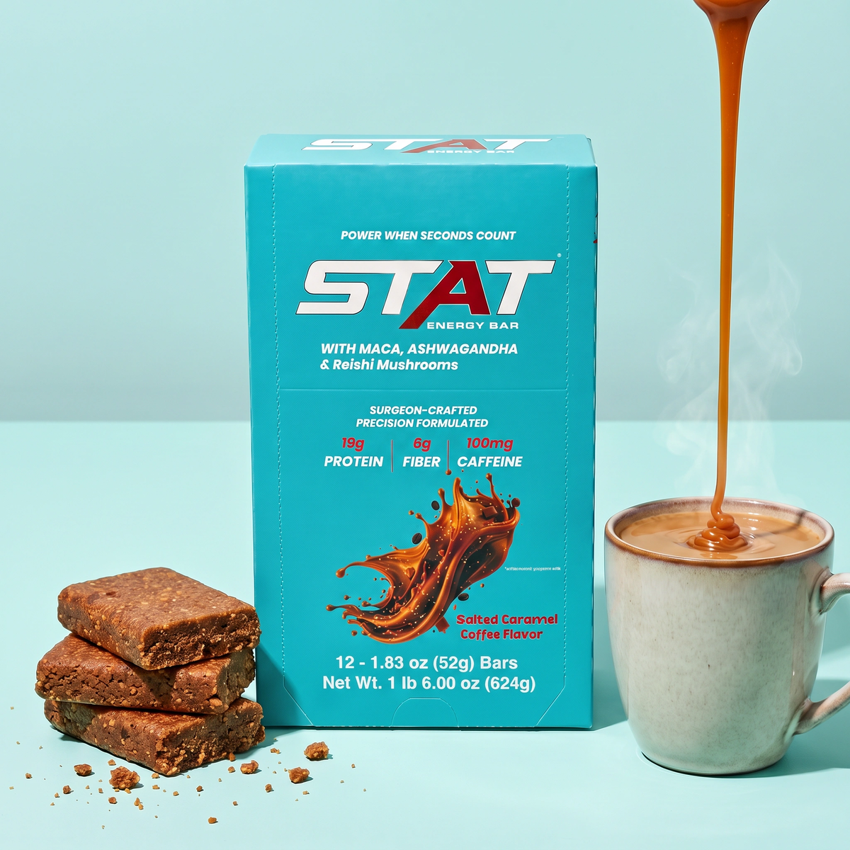 STAT Salted Caramel Coffee 12-count box with bar pieces and a cup of coffee