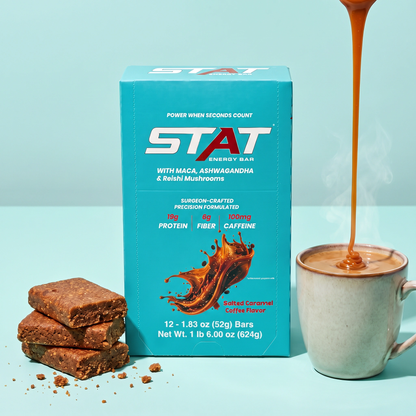 STAT Salted Caramel Coffee 12-count box with bar pieces and a cup of coffee