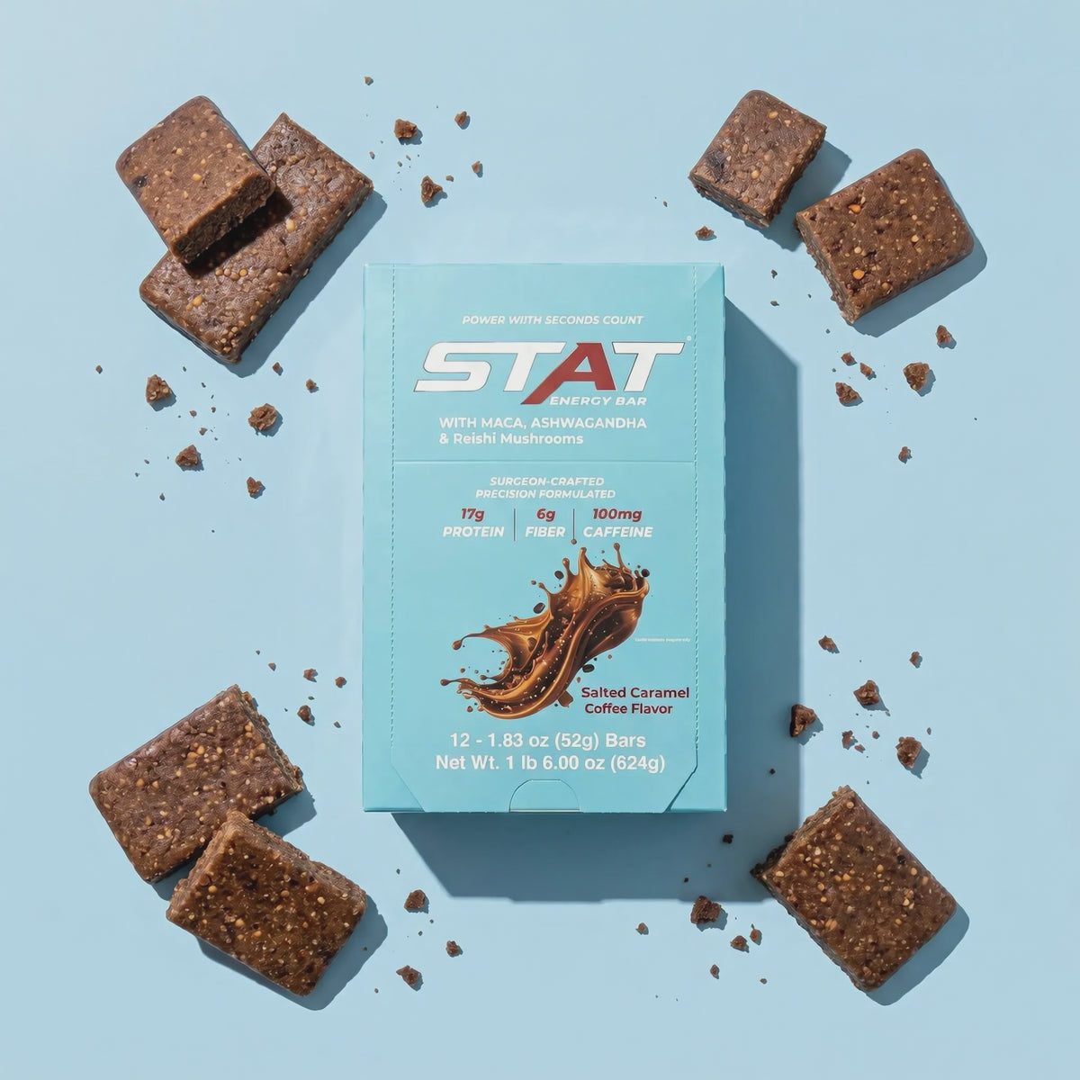 Video of the STAT Salted Caramel Coffee 12-count box with bar pieces