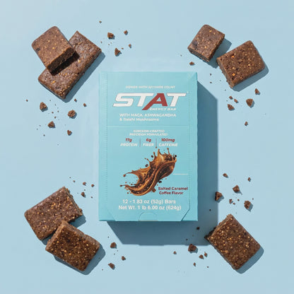 Video of the STAT Salted Caramel Coffee 12-count box with bar pieces