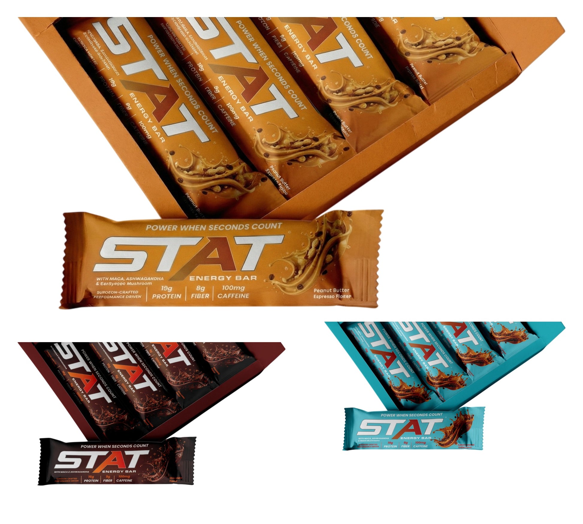 STAT Bar Variety 3-Pack: Chocolate, Peanut Butter Espresso, and Salted Caramel Coffee boxes with bars